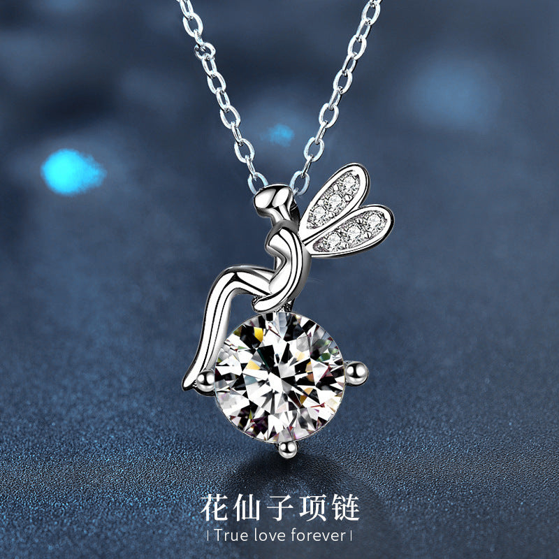 Moissanite 925 Sterling Silver Flower Fairy Necklace for Women, Versatile Niche Pendant, Cross-border Clavicle Necklace Accessories, DIY Jewelry