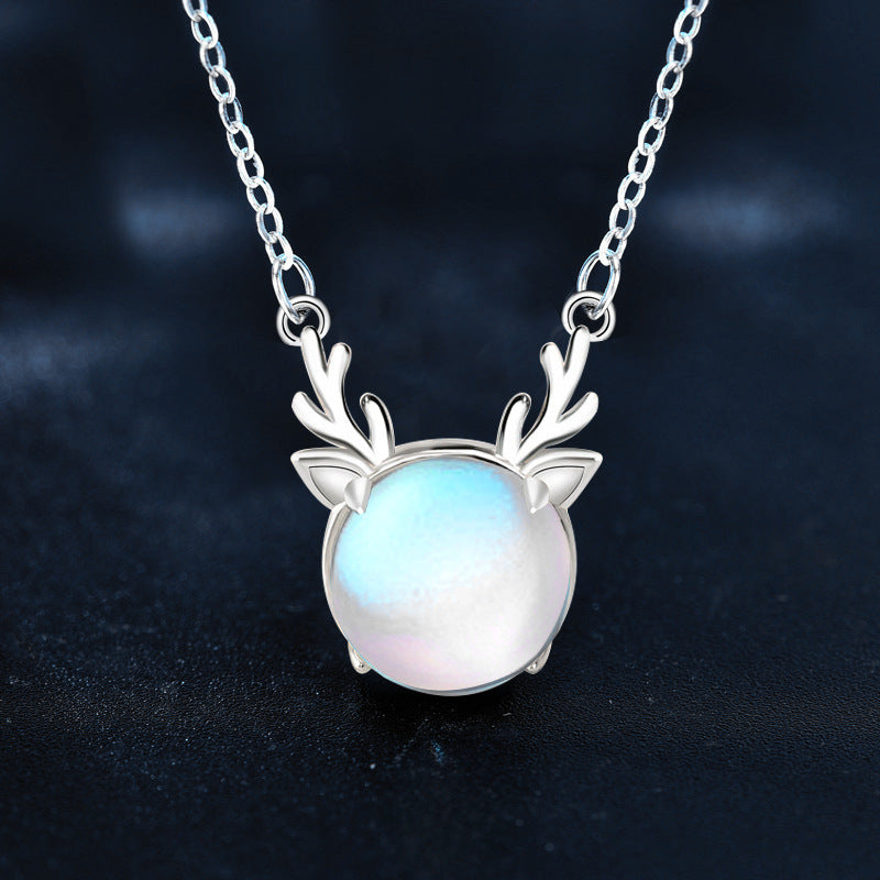 Original Moonstone Necklace for Women, 925 Sterling Silver, "Deer are with You All the Way", New Christmas Forest Series Elk Necklace Jewelry, Ins style