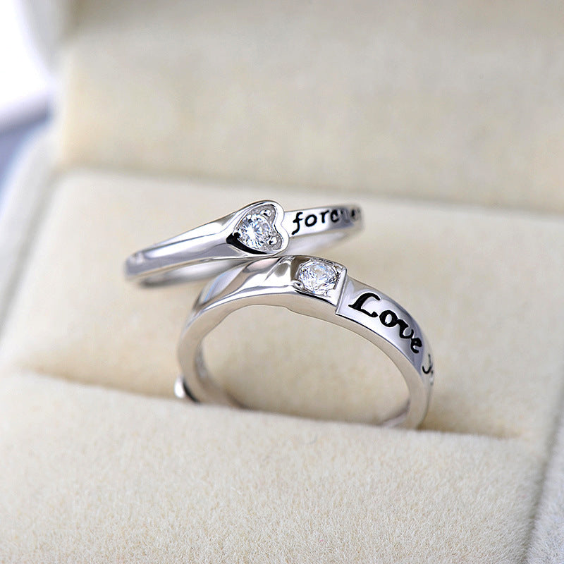 Love couple ring 925 pure silver pair oxidized vintage letter couple ring fashionable zircon open ring accessory