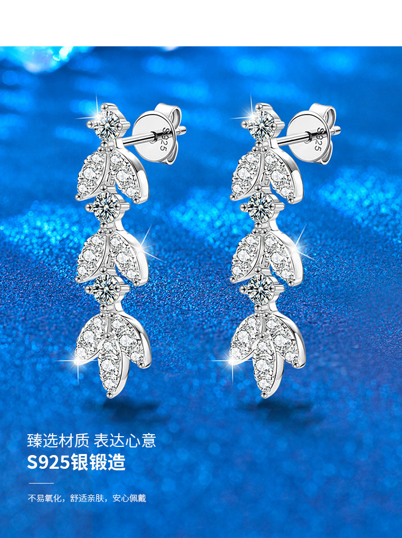 Cross-border Moissanite Leaf Tassel Earrings s925 Silver Earrings Sterling Silver High-end 2024 New Earrings Jewelry