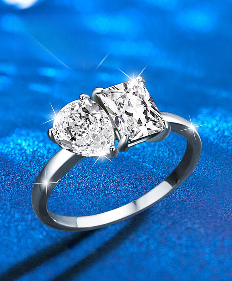 Cross-border jewelry moissanite double stone ring for women 925 pure silver square drop exaggerated ring European and American silver jewelry wholesale