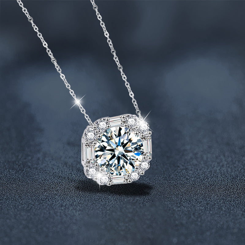 S925 Sterling Silver Sugar Cube Necklace, Designer Moissanite Pendant, Autumn/Winter Jewelry, Cross-border European and American Fashion Clavicle Chain