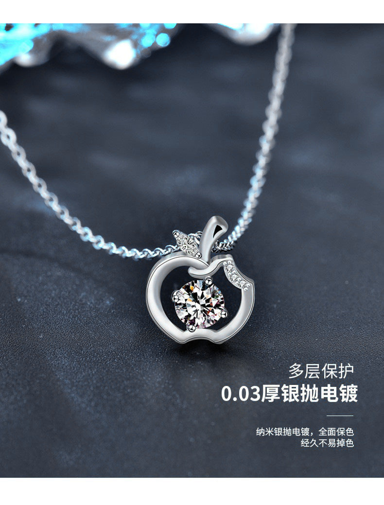 Original design 925 necklace for girls, pure silver apple pendant with moissanite, Christmas gift, foreign trade jewelry