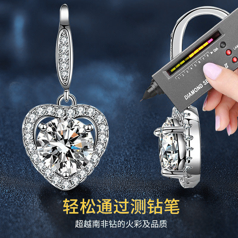 Euramerican Cross-border Jewelry 925 Pure Silver Heart Earrings with Moissanite Inlay, DIY Accessories