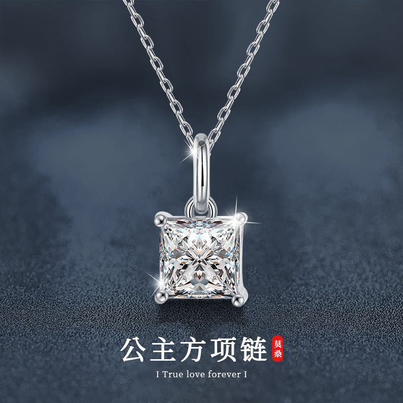 Cross-border jewelry moissanite princess cut necklace for women, 925 pure silver collar chain, ins trendy unique minimalist pendant