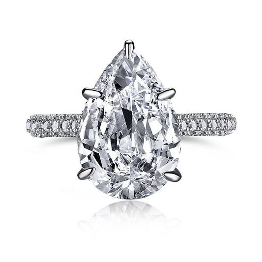 925 Sterling Silver Teardrop Tapered Zircon Ring Women's Exaggerated Personality Dove Egg Five-Claw Diamond Ring Platinum Cross-Border Jewelry