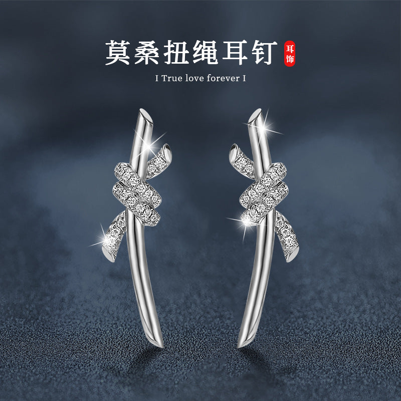 莫桑石T家耳钉925純銀简约新款创意扭绳耳饰耳环爆款热卖饰品