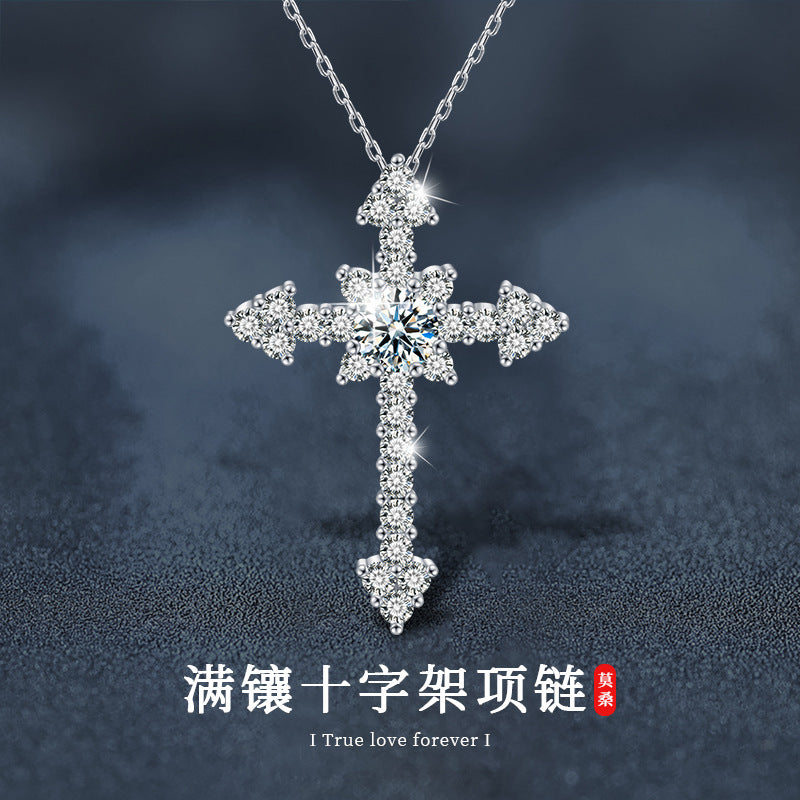 Cross-border jewelry, Moissanite S925 Sterling Silver Full Set Cross Necklace Pendant, European and American Exaggerated Moissanite Agate