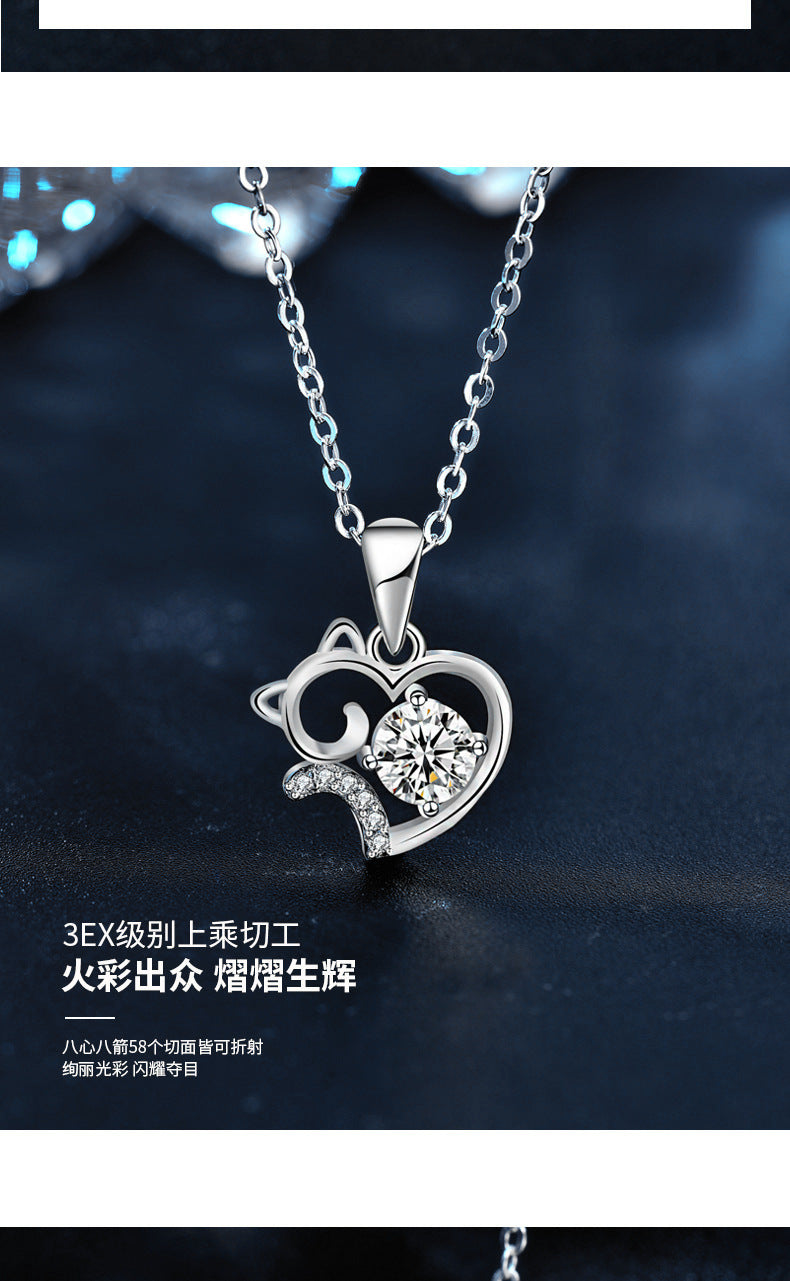 Cute Cat 925 Sterling Silver Necklace Summer Unique Moissanite Collar Pendant Jewelry Birthday Gift for Girlfriend
