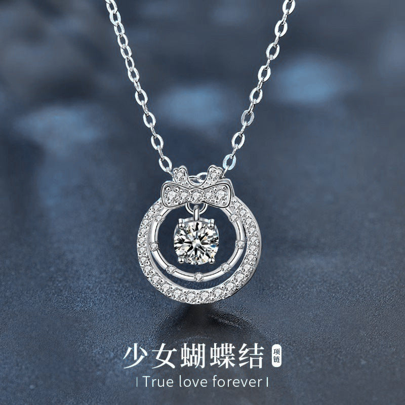 Original Moissanite 925 Sterling Silver Double Layer Necklace Ins Style Women's Versatile Bow Pendant