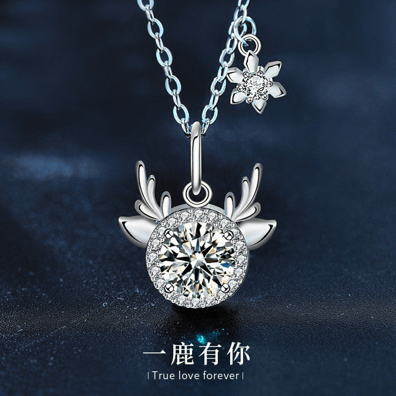 Original Moissanite 925 Sterling Silver "One Deer, You Are Here" Necklace, Exquisite Deer Pendant with Antlers, Cross-border Christmas Ornament