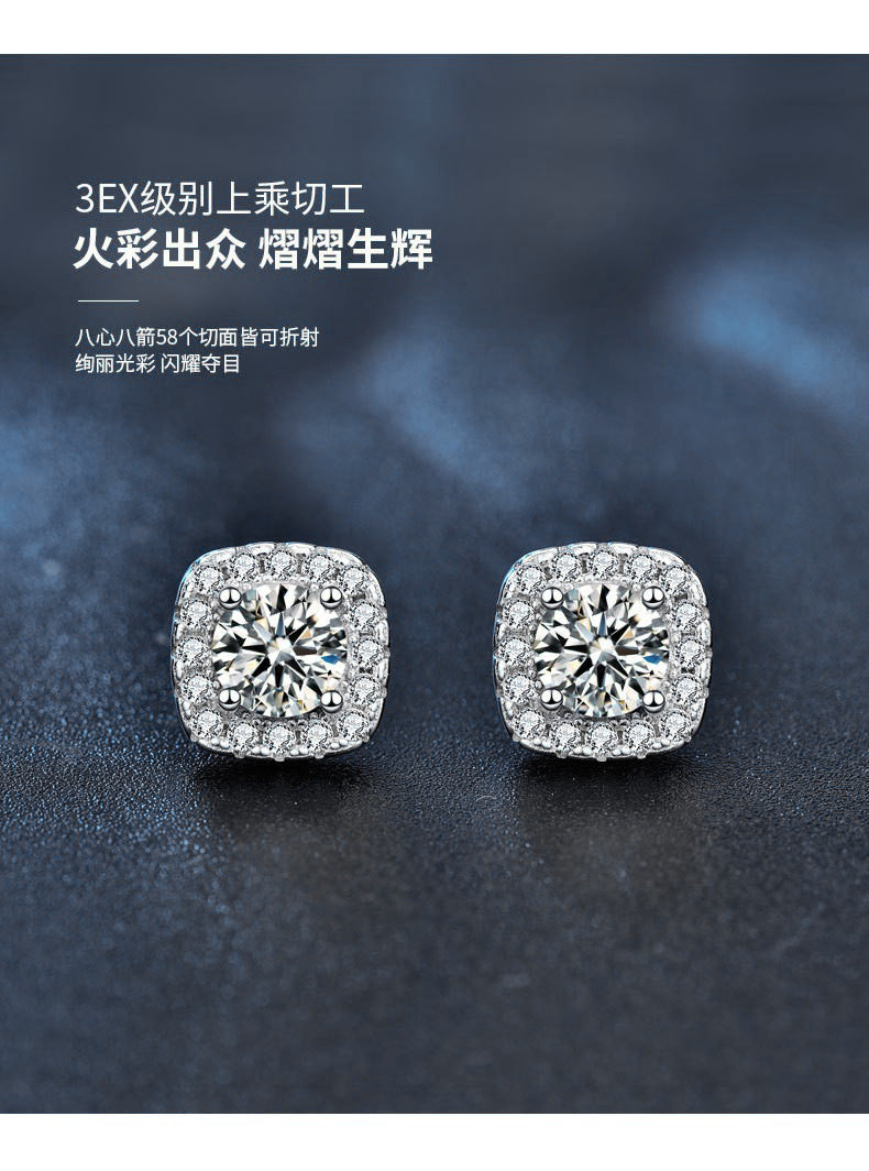 莫桑石925纯银耳钉银针批发女士欧美简单几何方形耳环小巧耳饰ins