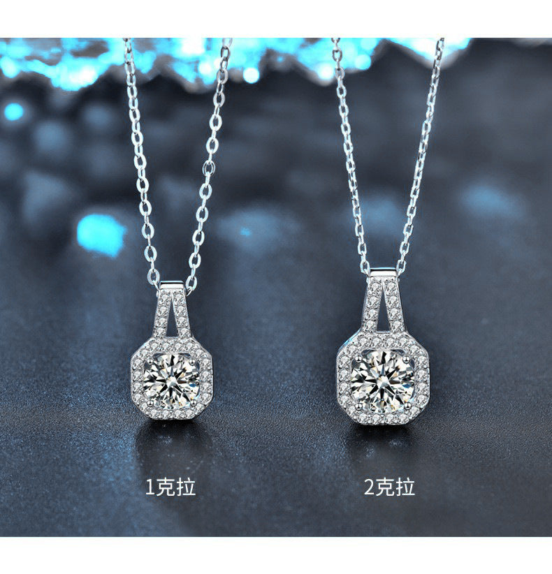 Moissanite 925 silver necklace, In style princess square pendant, summer European and American square silver accessory