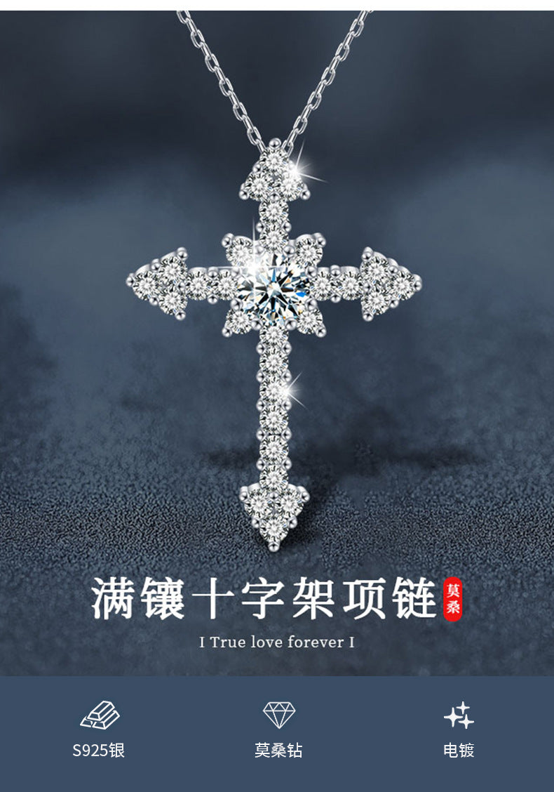 Cross-border jewelry, Moissanite S925 Sterling Silver Full Set Cross Necklace Pendant, European and American Exaggerated Moissanite Agate