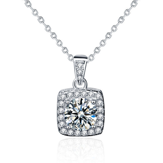 Moissanite 925 Sterling Silver Necklace Women's Ins Style Princess Square Bag Pendant Square Personality Choker Jewelry New Live Stream