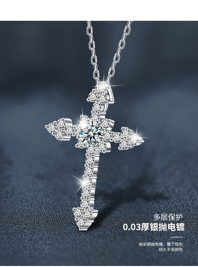 Cross-border jewelry, Moissanite S925 Sterling Silver Full Set Cross Necklace Pendant, European and American Exaggerated Moissanite Agate
