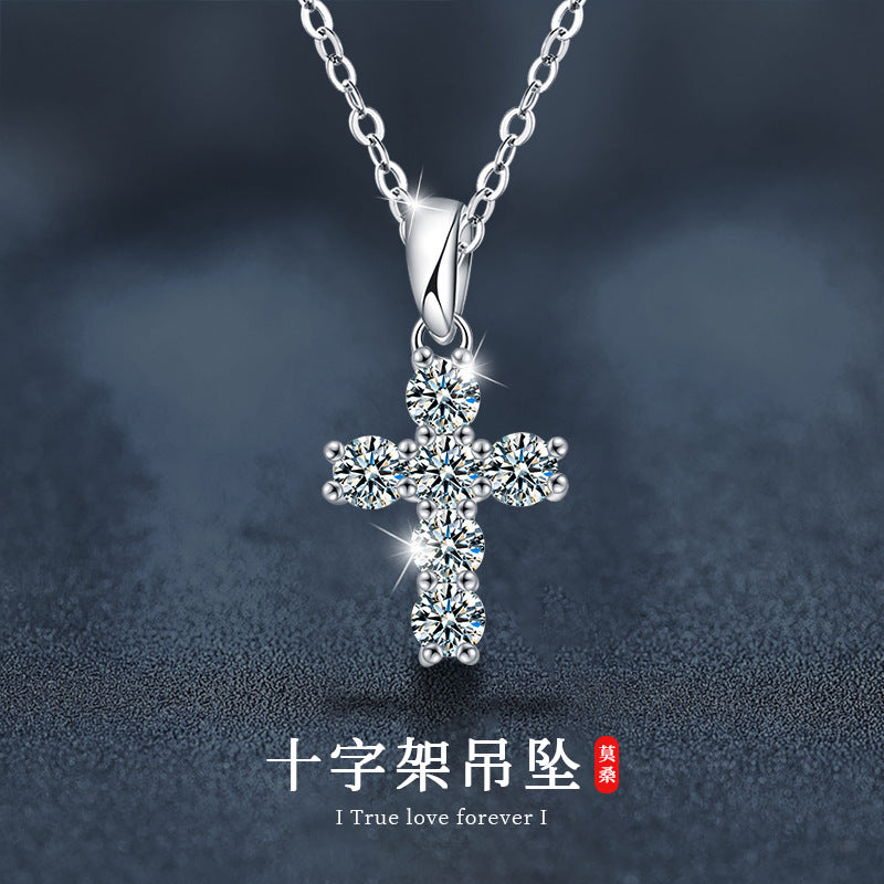Moissanite Diamond Cross Pendant Necklace 925 Sterling Silver Designed Niche High-End Jewelry Cross-Border Wholesale