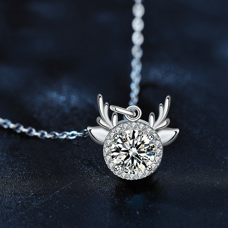 Original Moissanite 925 Sterling Silver "One Deer, You Are Here" Necklace, Exquisite Deer Pendant with Antlers, Cross-border Christmas Ornament