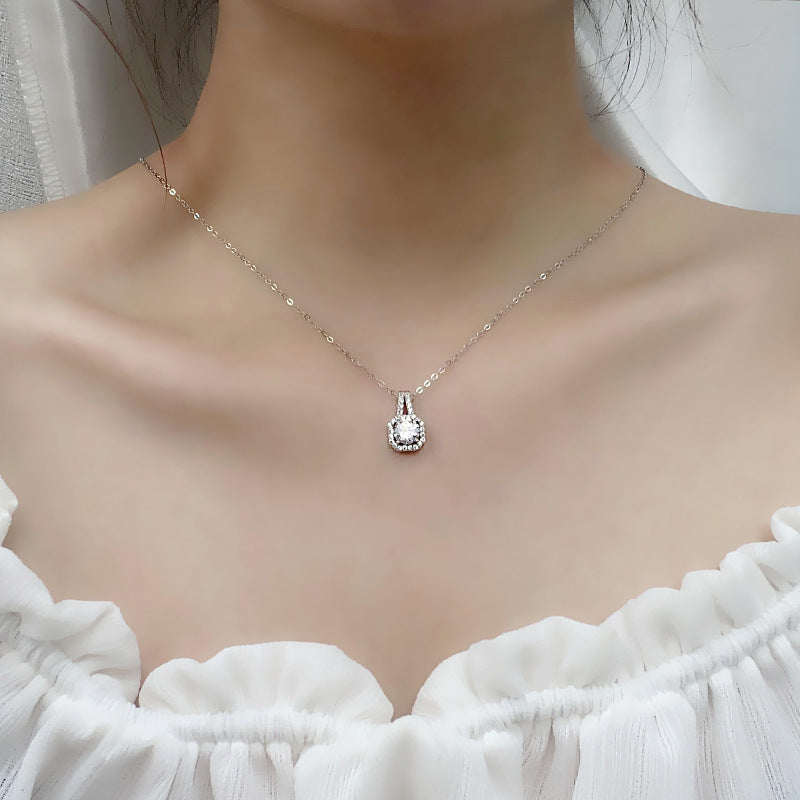Moissanite 925 silver necklace, In style princess square pendant, summer European and American square silver accessory