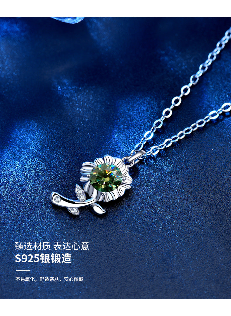 Original 925 Sterling Silver Necklace Green Moissanite Sunflower Pendant Necklace Valentine's Day Gift
