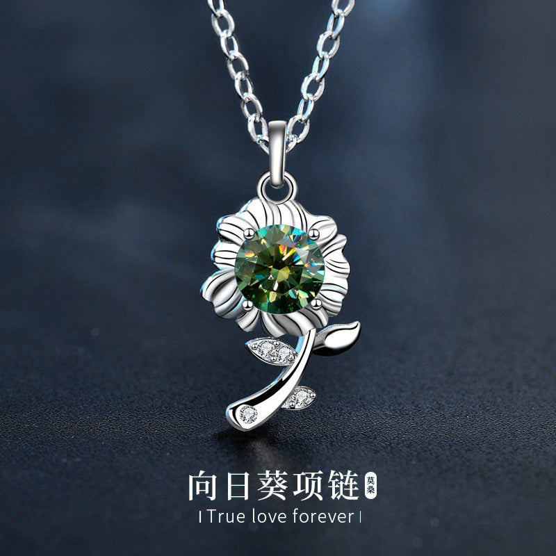 Original 925 Sterling Silver Necklace Green Moissanite Sunflower Pendant Necklace Valentine's Day Gift