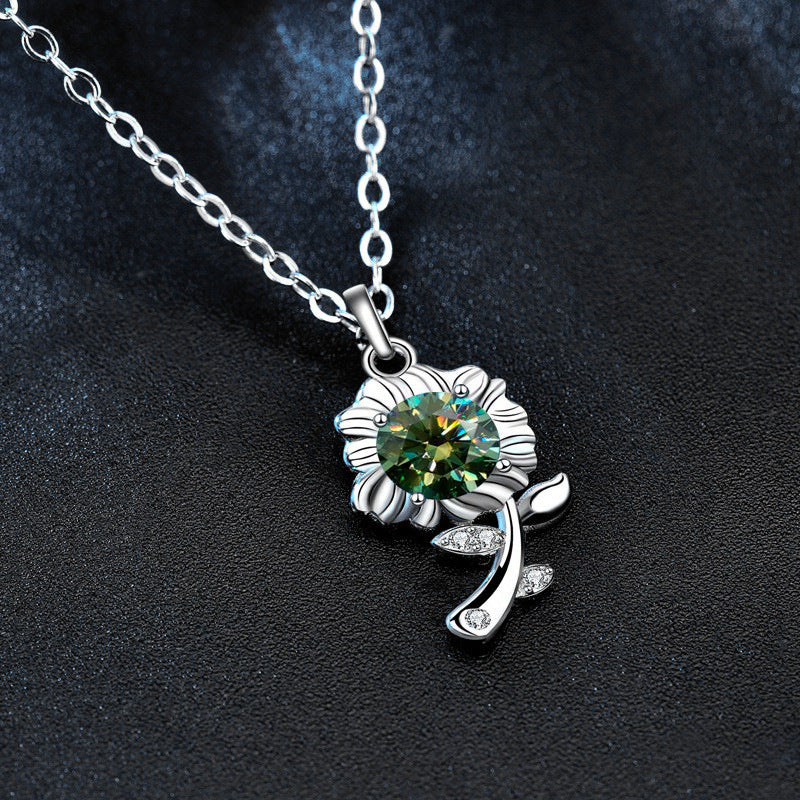 Original 925 Sterling Silver Necklace Green Moissanite Sunflower Pendant Necklace Valentine's Day Gift