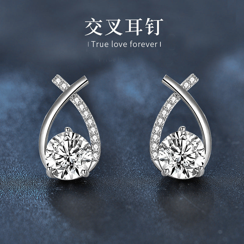 Moissanite 925 Sterling Silver Earrings Wholesale for Girls, Trendy Fish Tail Cross Earrings, Versatile Earrings with Certificate