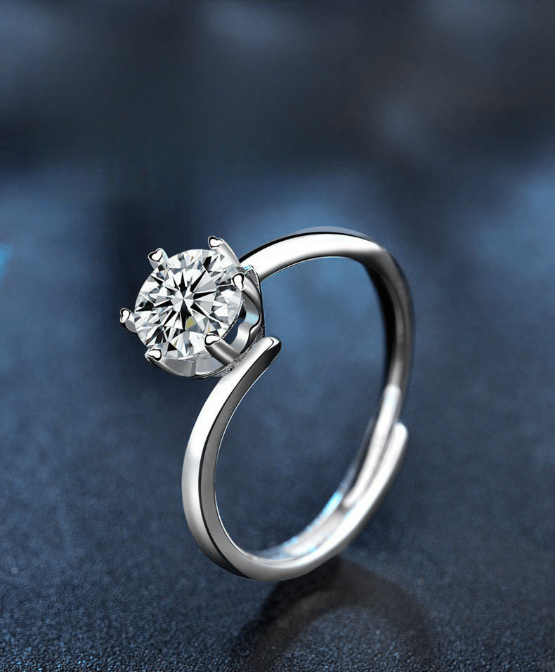 925 Silver Twisted Arm Six-Prong Moissanite Ring, Ins Style Open Ring, Women's Wedding Jewelry, Cross-border E-commerce