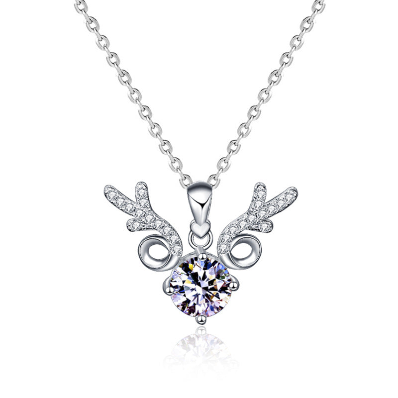 "All the Way Deer" 925 Sterling Silver Moissanite Pendant Necklace Women's INS Simple Clavicle Chain Christmas Gift Jewelry