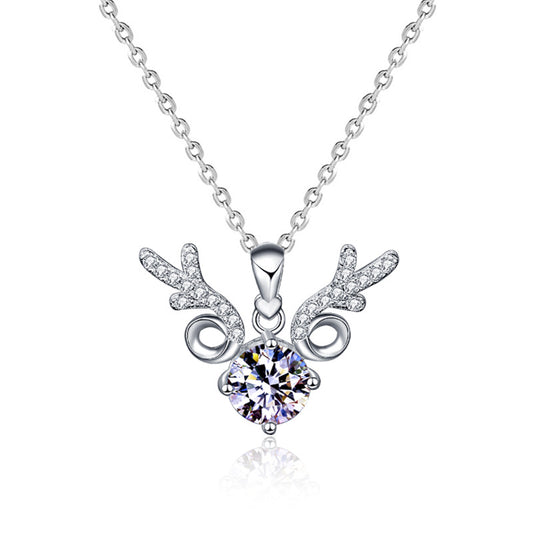 "All the Way Deer" 925 Sterling Silver Moissanite Pendant Necklace Women's INS Simple Clavicle Chain Christmas Gift Jewelry