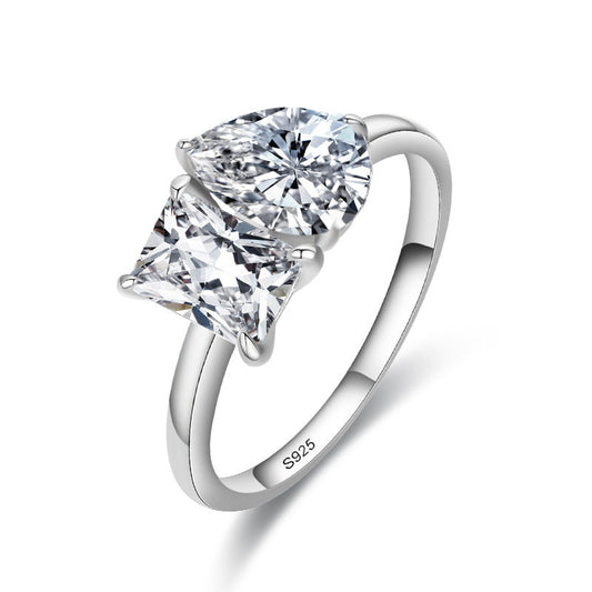Cross-border jewelry moissanite double stone ring for women 925 pure silver square drop exaggerated ring European and American silver jewelry wholesale