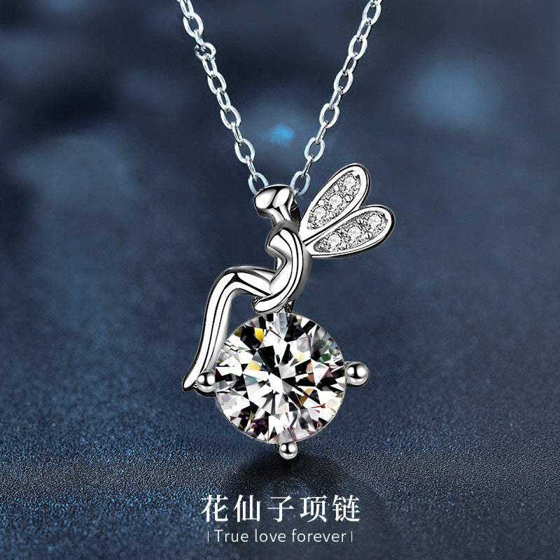 Moissanite 925 Sterling Silver Flower Fairy Necklace for Women, Versatile Niche Pendant, Cross-border Clavicle Necklace Accessories, DIY Jewelry