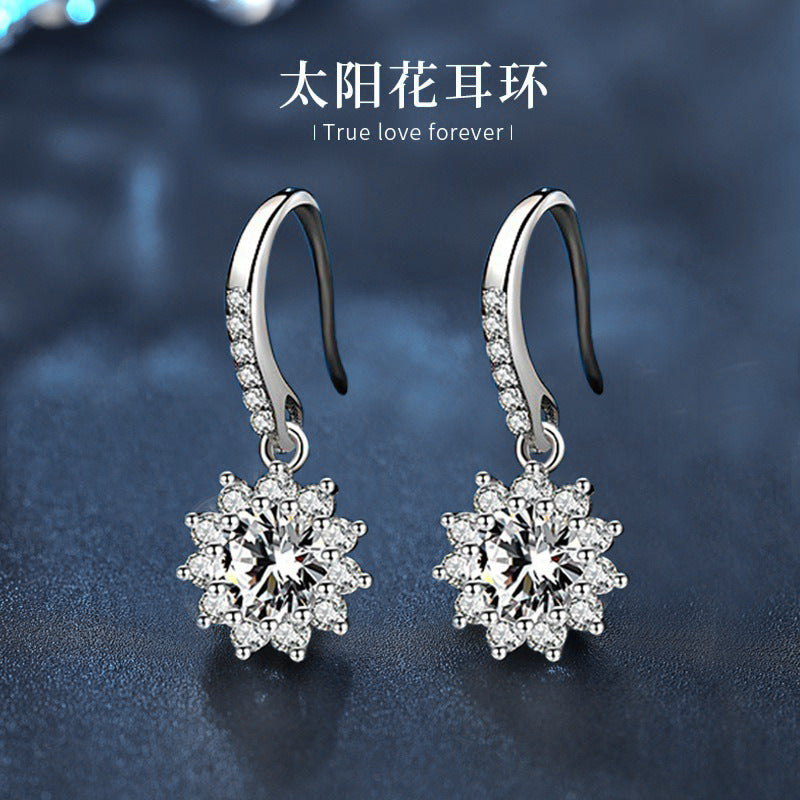 925 Sterling Silver Earrings Jewelry Sunflower Moissanite Diamond Ear Hooks Dangle Earrings Simple Flower Earrings