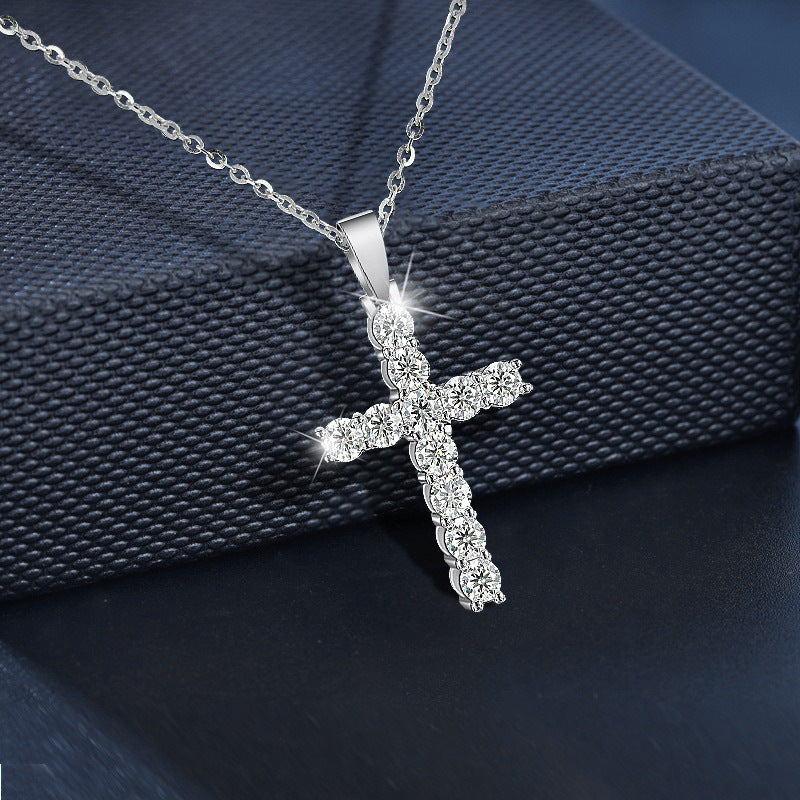 Moissanite 925 Sterling Silver Cross Necklace Pendant Women's Cross-border European and American Jewelry Wholesale Clavicle Chain Simple and Versatile