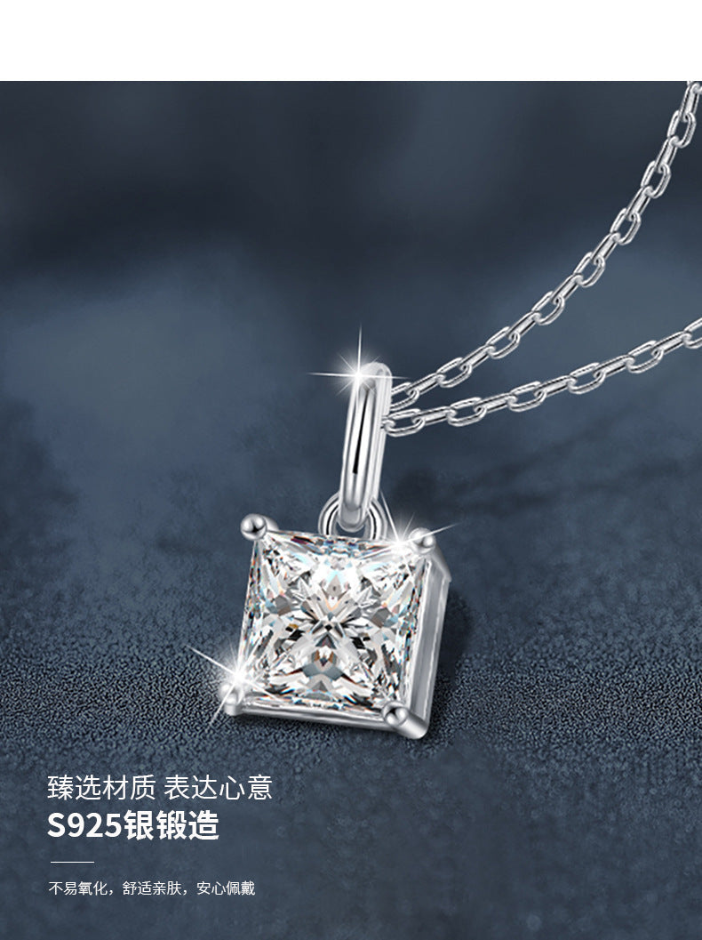 Cross-border jewelry moissanite princess cut necklace for women, 925 pure silver collar chain, ins trendy unique minimalist pendant