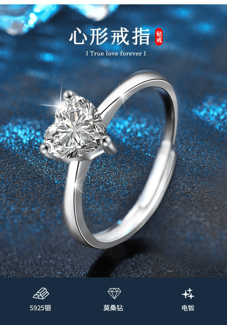 Moissanite Diamond Ring, 925 Sterling Silver Adjustable Women's Jewelry Heart Moissanite Ring Jewelry