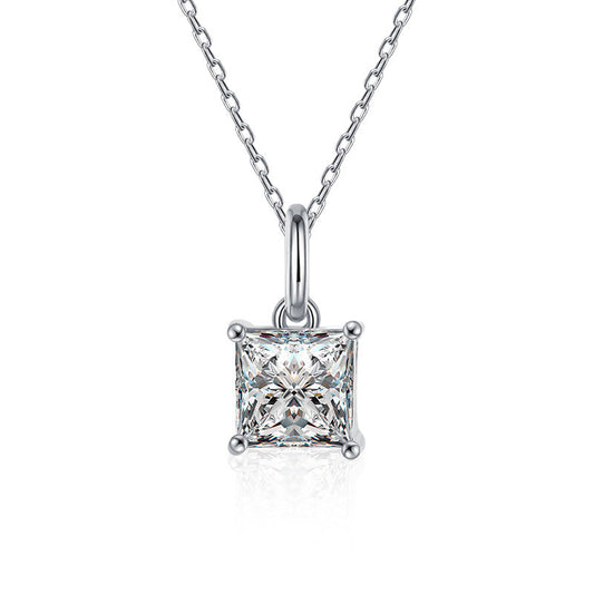 Cross-border jewelry moissanite princess cut necklace for women, 925 pure silver collar chain, ins trendy unique minimalist pendant