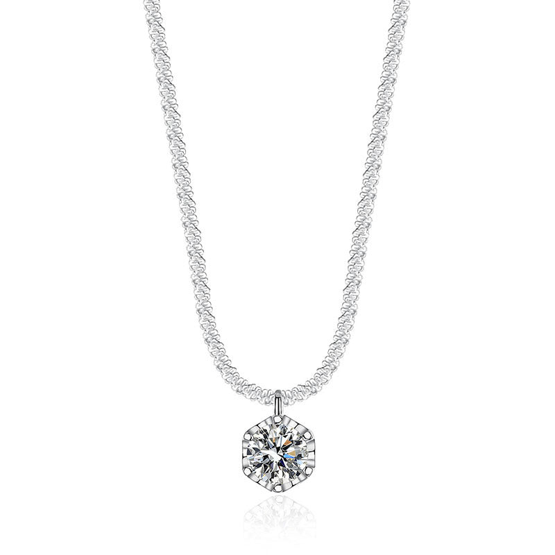 Mossianite, Sparkling Crown Six-Prong Necklace, Luxurious and Sophisticated Pure Silver Starlight Chain for Women