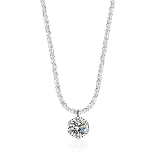 Mossianite, Sparkling Crown Six-Prong Necklace, Luxurious and Sophisticated Pure Silver Starlight Chain for Women