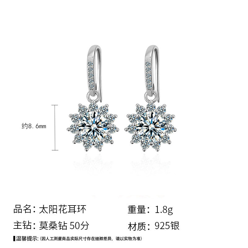 925 Sterling Silver Earrings Jewelry Sunflower Moissanite Diamond Ear Hooks Dangle Earrings Simple Flower Earrings