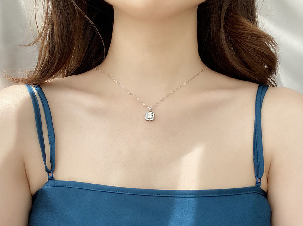 Moissanite 925 Sterling Silver Necklace Women's Ins Style Princess Square Bag Pendant Square Personality Choker Jewelry New Live Stream
