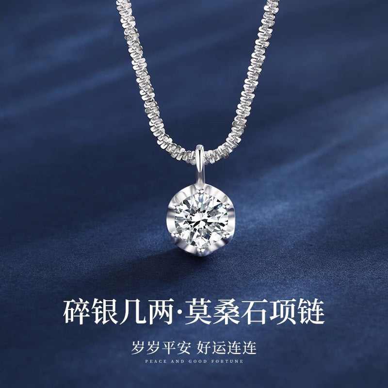 Mossianite, Sparkling Crown Six-Prong Necklace, Luxurious and Sophisticated Pure Silver Starlight Chain for Women