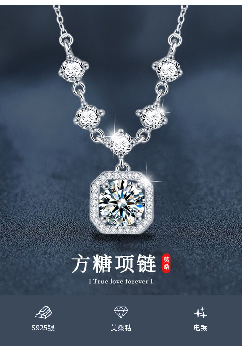 Mozambique 925 Sterling Silver Tassel Necklace Jewelry, Women's Unique High-end Style Cube Pendant Collar Chain
