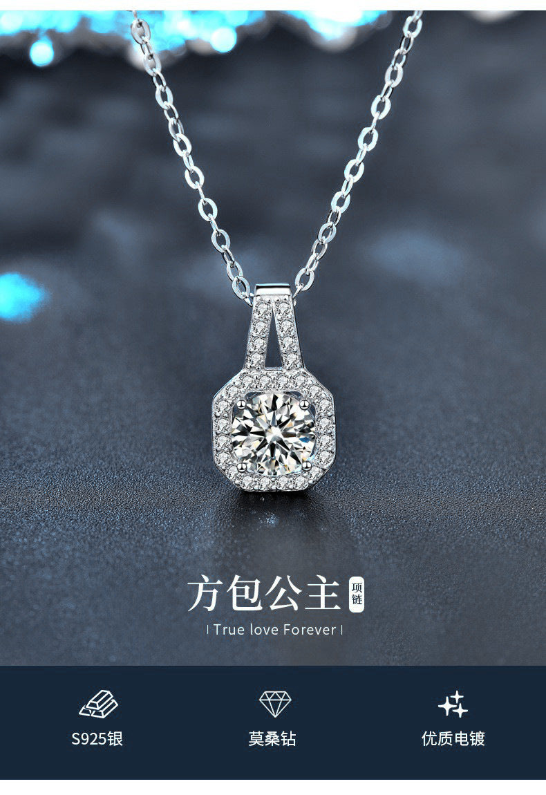 Moissanite 925 silver necklace, In style princess square pendant, summer European and American square silver accessory