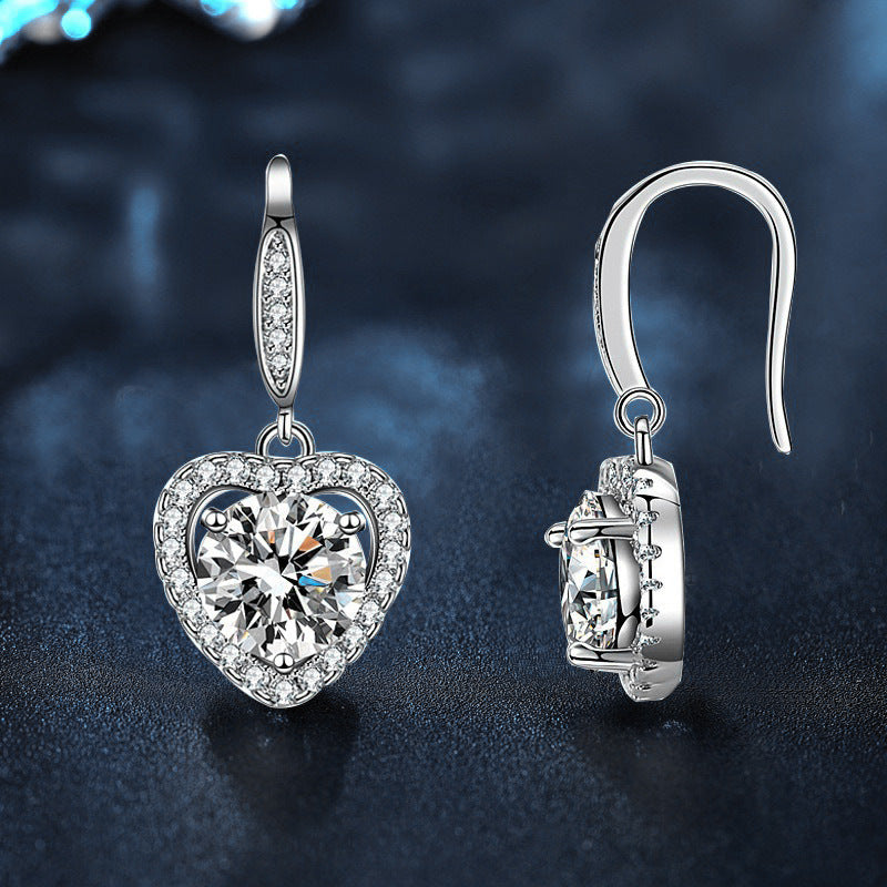 Euramerican Cross-border Jewelry 925 Pure Silver Heart Earrings with Moissanite Inlay, DIY Accessories