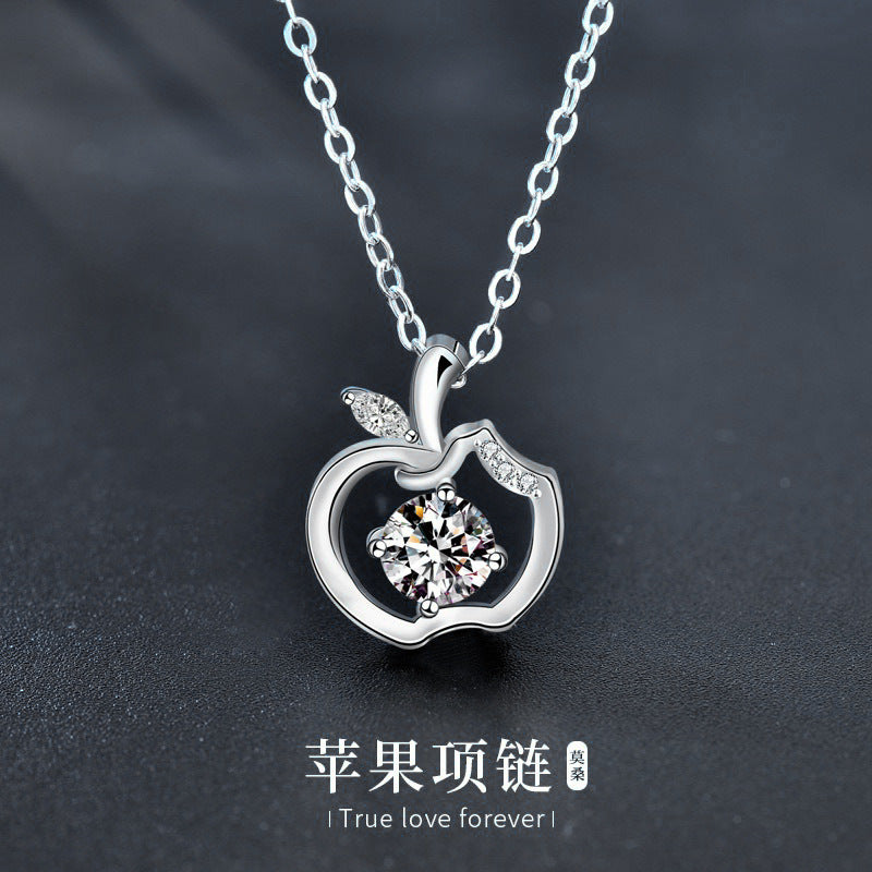 Original design 925 necklace for girls, pure silver apple pendant with moissanite, Christmas gift, foreign trade jewelry