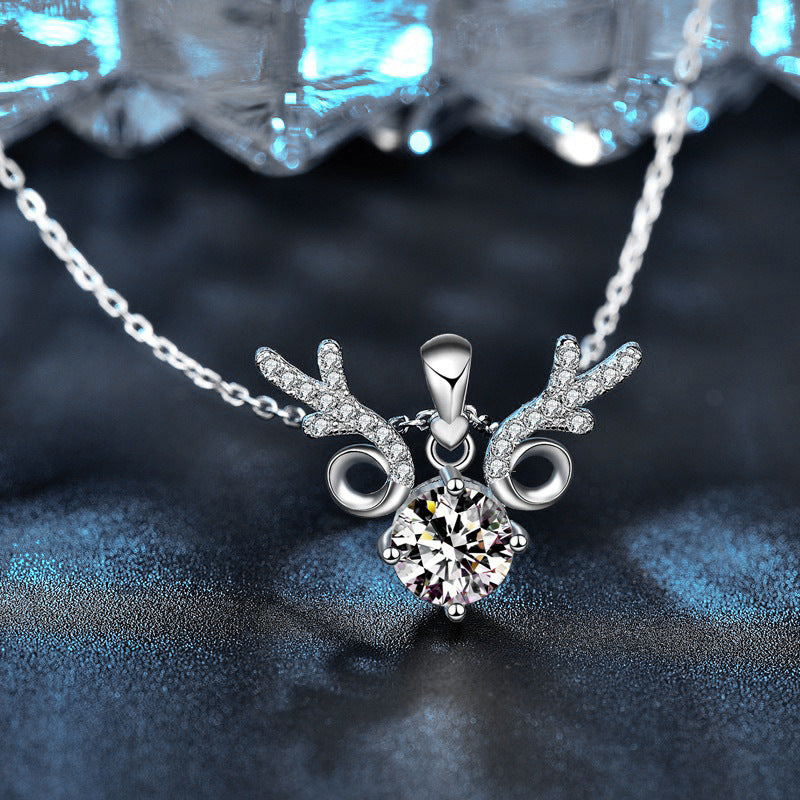 "All the Way Deer" 925 Sterling Silver Moissanite Pendant Necklace Women's INS Simple Clavicle Chain Christmas Gift Jewelry