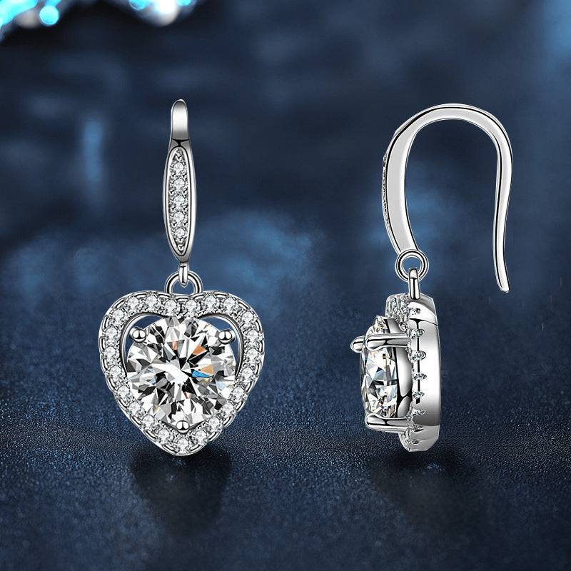 Euramerican Cross-border Jewelry 925 Pure Silver Heart Earrings with Moissanite Inlay, DIY Accessories