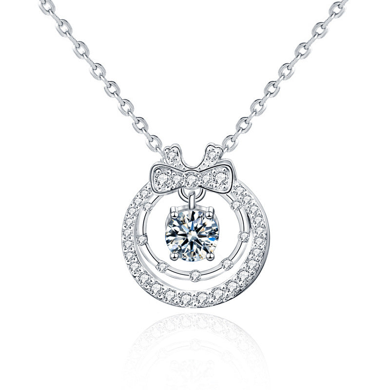 Original Moissanite 925 Sterling Silver Double Layer Necklace Ins Style Women's Versatile Bow Pendant