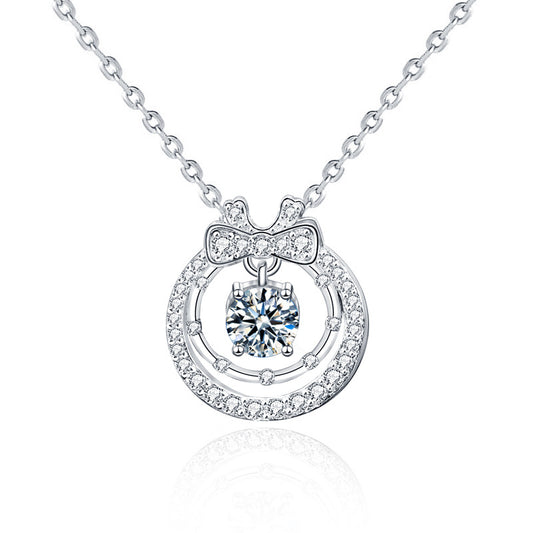 Original Moissanite 925 Sterling Silver Double Layer Necklace Ins Style Women's Versatile Bow Pendant